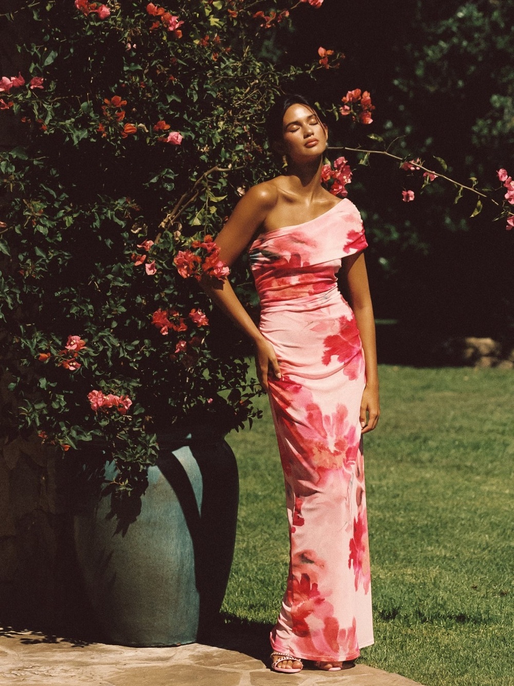 Skatie One-Shoulder Pink Floral Maxi Dress